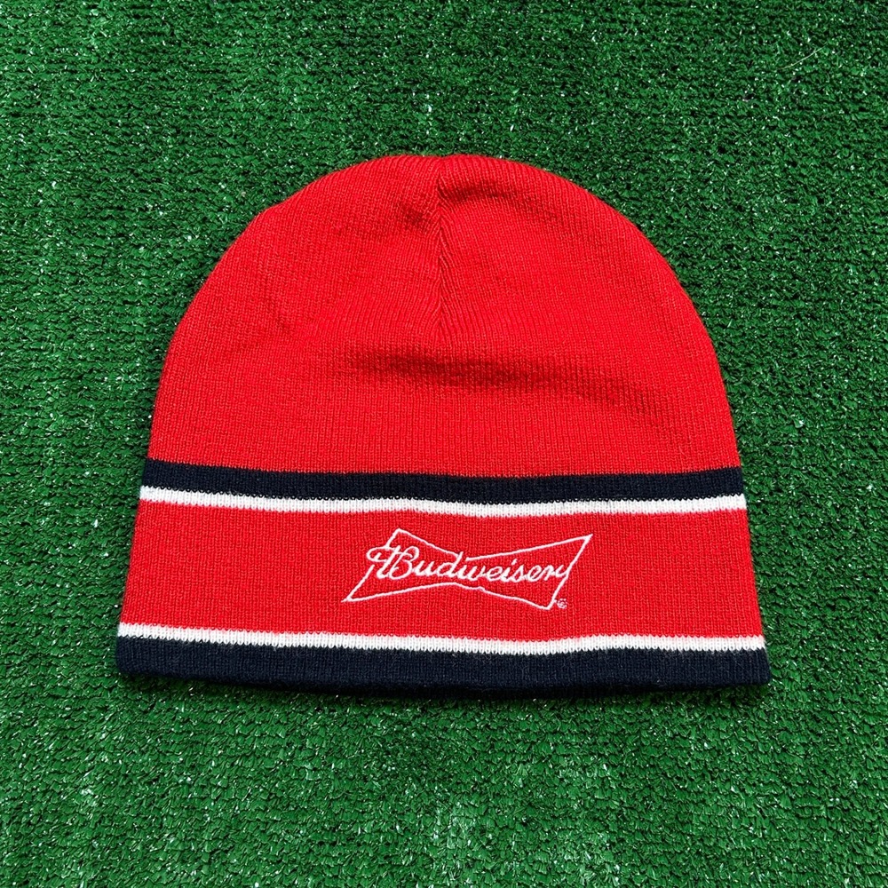 Budweiser Beanie Hat Striped Embroidered Logo Red OSFM